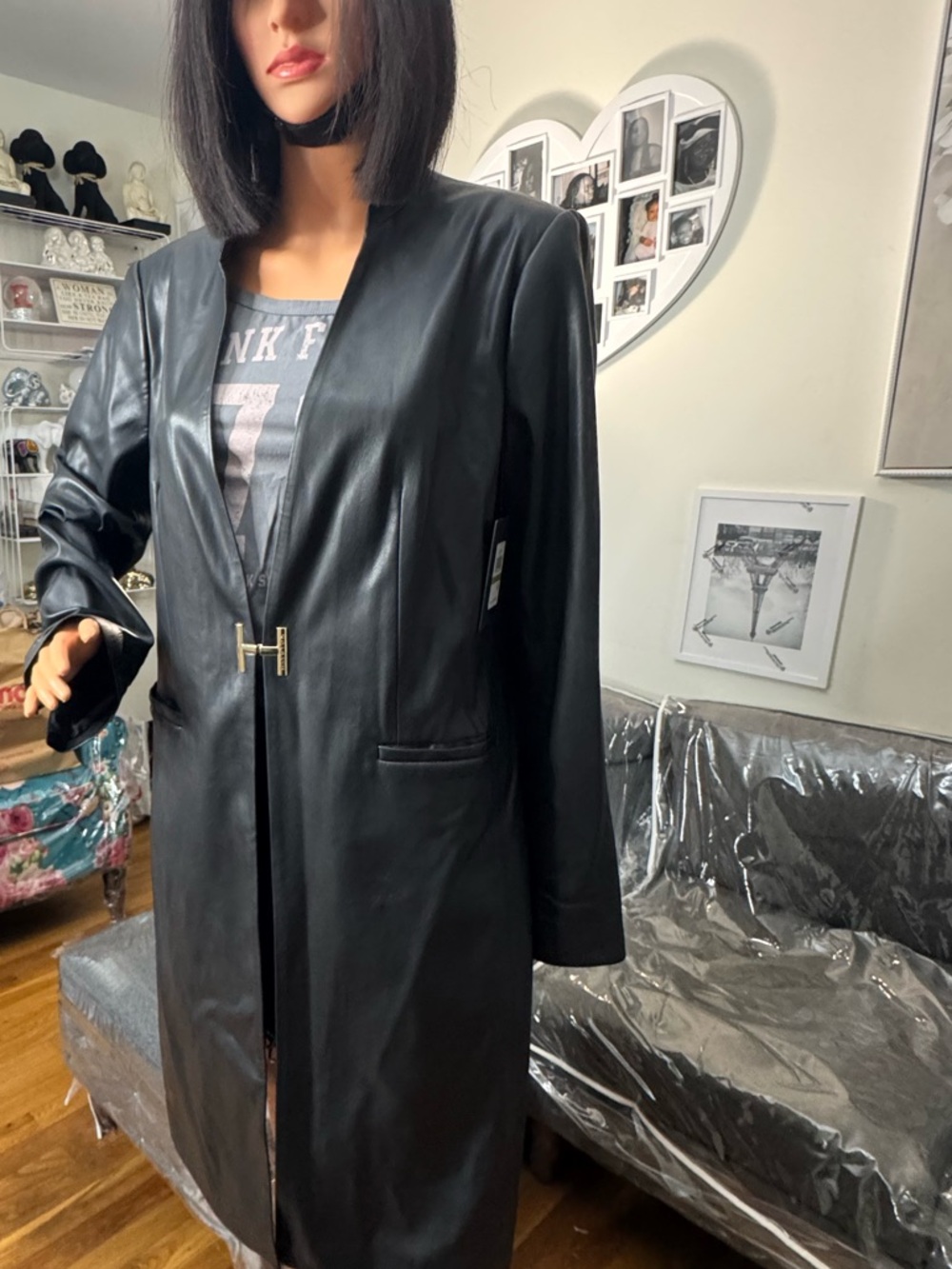 H by Halston Black Faux Leather Long Trench Coat Chic Minimalist with H-Hook NWT - Picture 4 of 5
